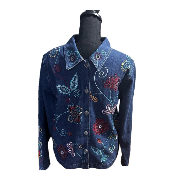 Tantrums Vintage Denim Floral Embroidery Jacket | Boho Chic | Size S - Picture 1 of 6